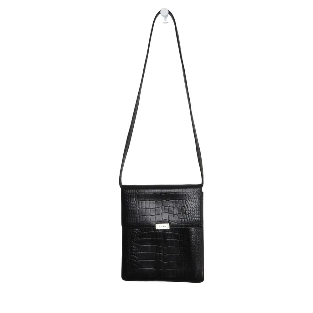 Vintage Ralph Lauren Black Embossed Crocodile Leather Crossbody Bag Retro Glam